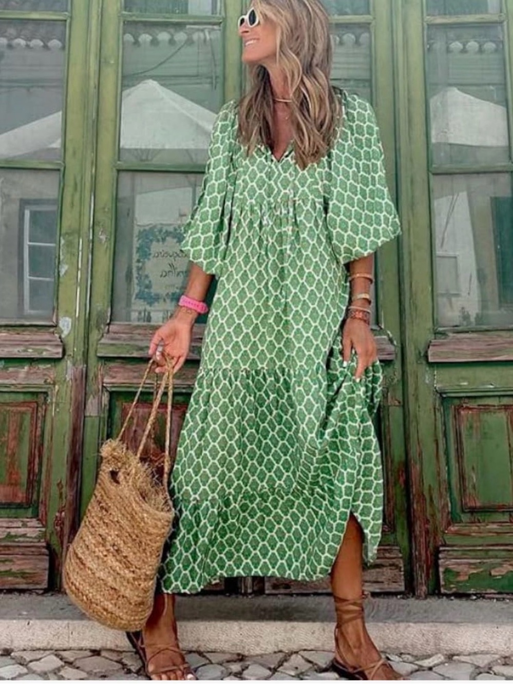 Green Printed V-Neck Tiered Maxi Dress